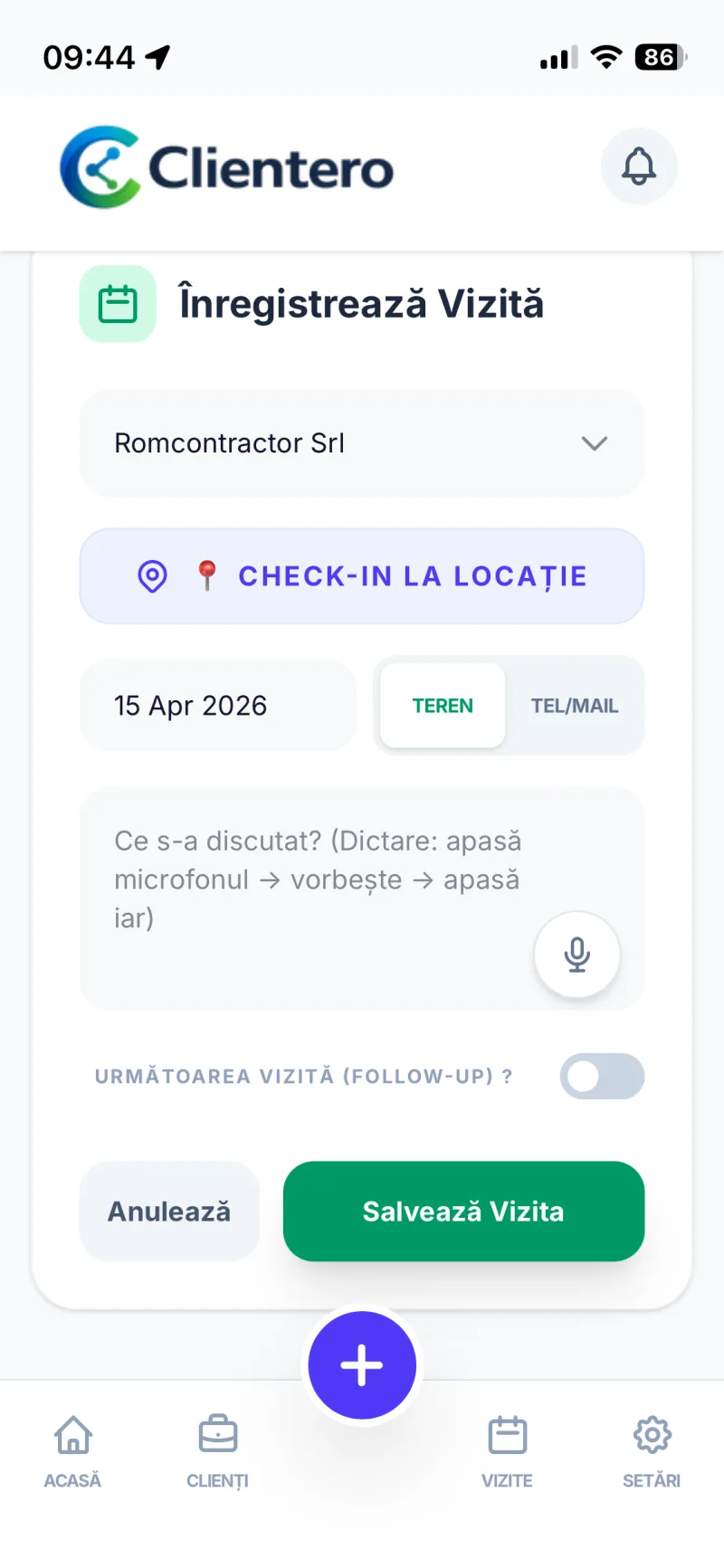 Ecranul de înregistrare a vizitei în aplicația mobilă Clientero