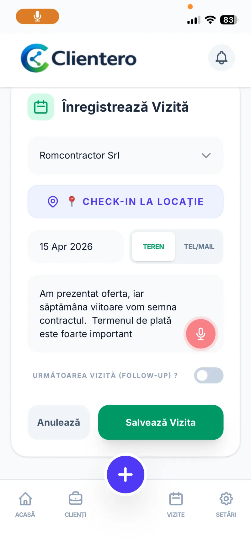 Formularul de înregistrare vizită în Clientero, cu dictare vocală