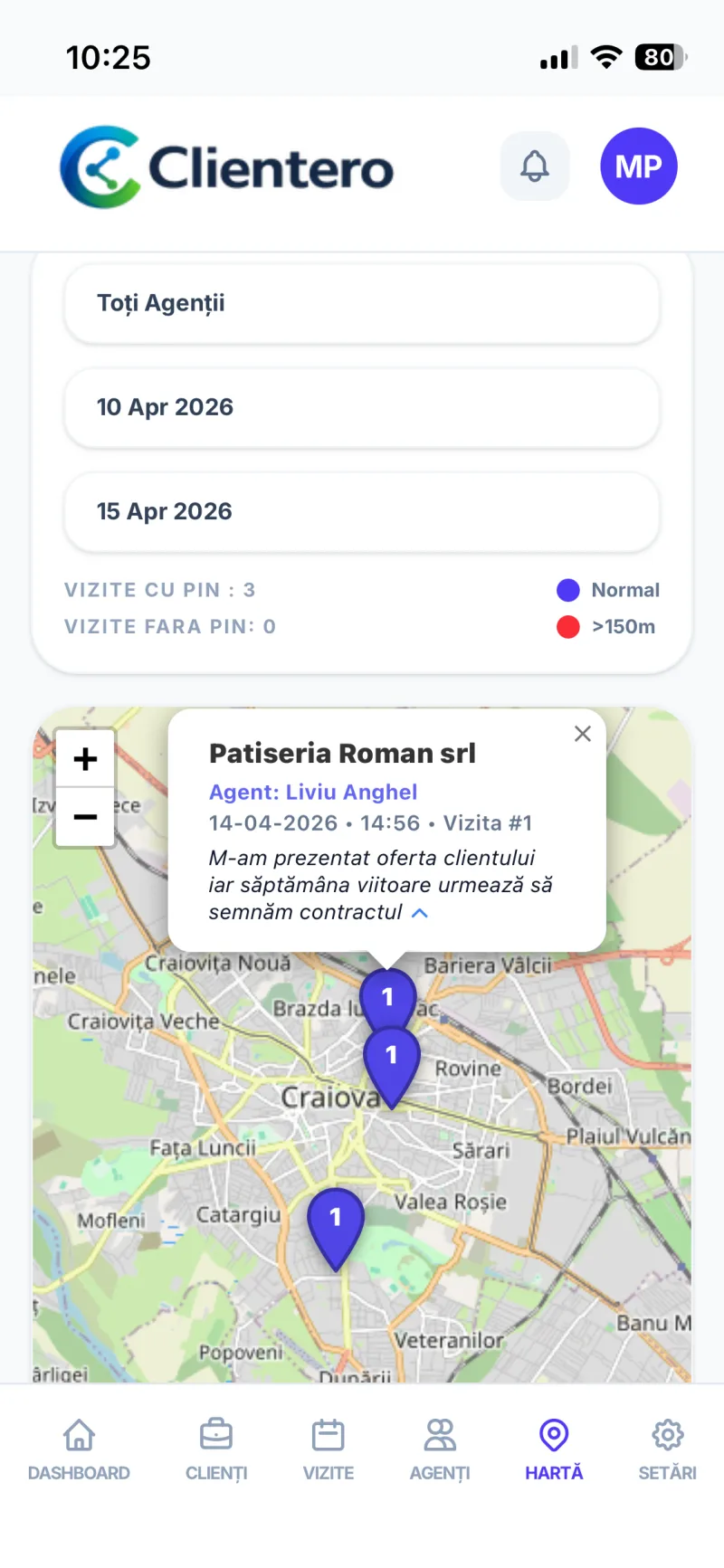 Harta live din consola de admin Clientero, cu pinuri numerotate și popup de vizită