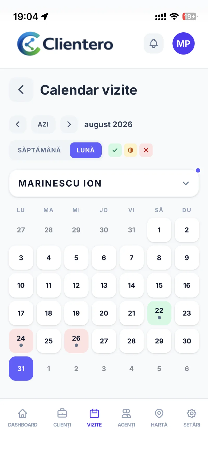 Calendar de echipă în Clientero cu vizitele programate pe agenți în cursul săptămânii