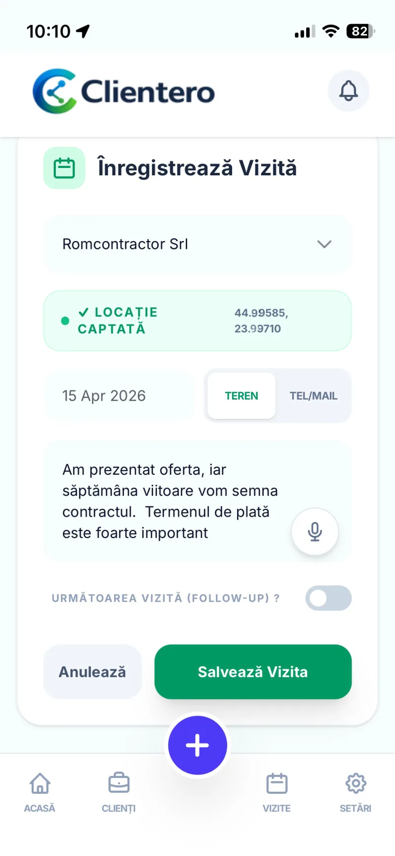 Check-in GPS apăsat în Clientero, cu locația captată și afișată