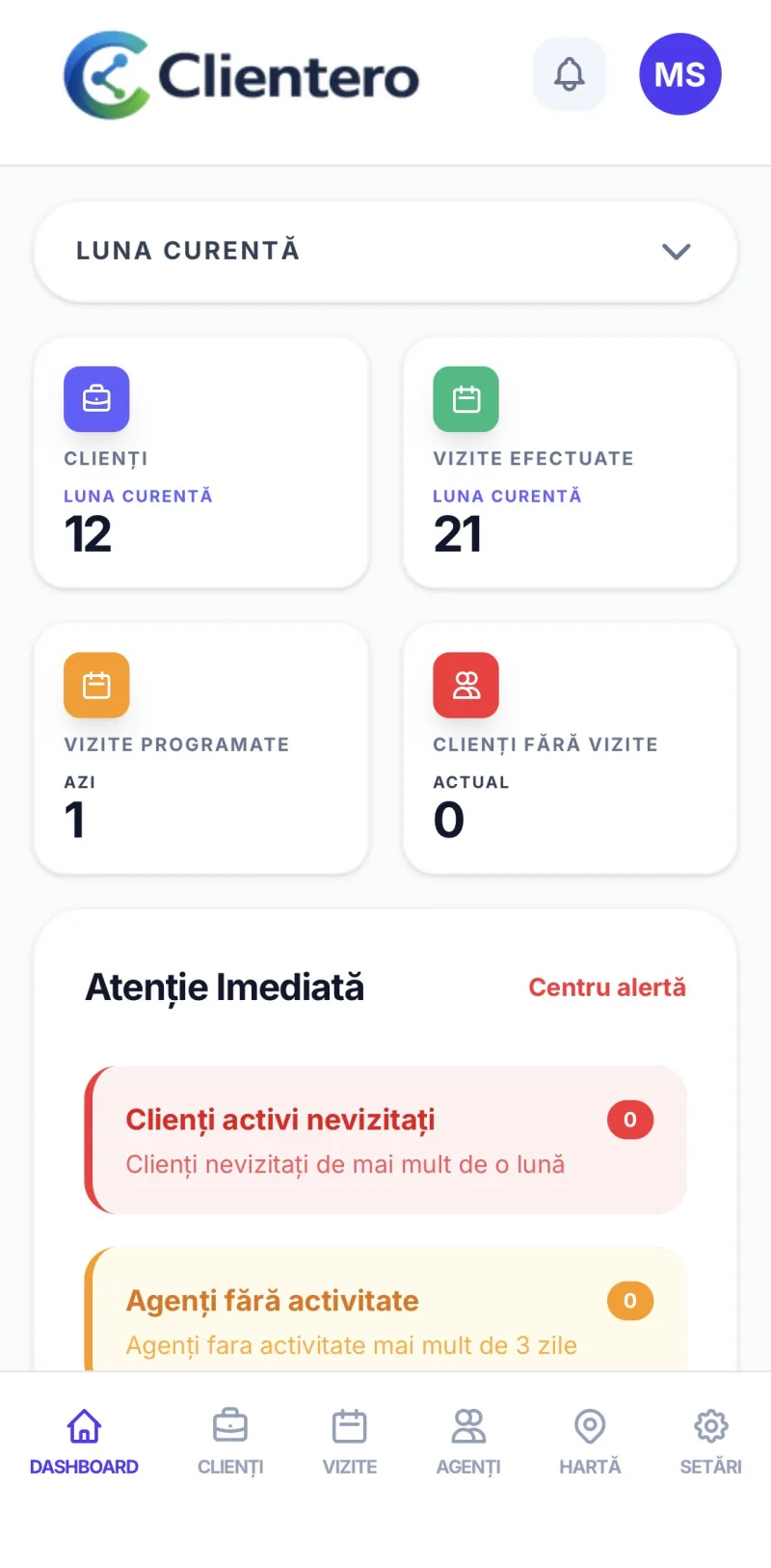Dashboard KPI Clientero pe mobil cu top agenți, ultimele vizite și alerte