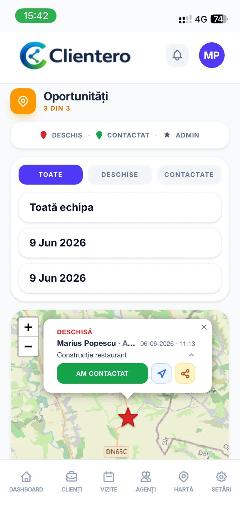 Ecranul Oportunități din Clientero, cu filtre, hartă și popup pentru marcarea oportunității ca fiind contactată