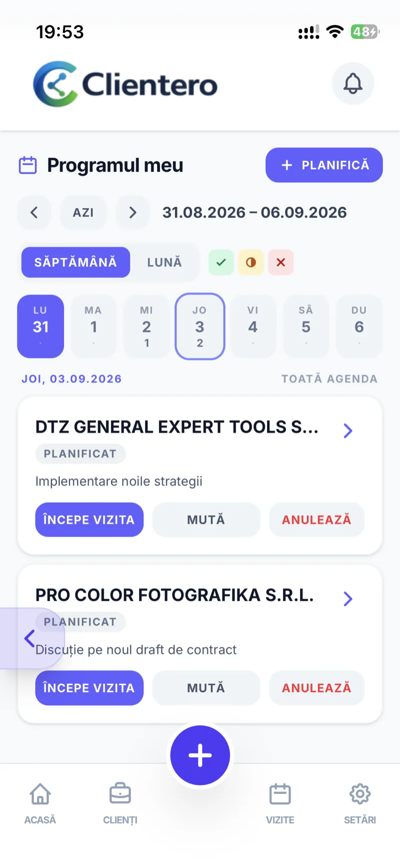 Agenda agentului în Clientero, cu vizitele programate pentru ziua curentă și pentru zilele următoare