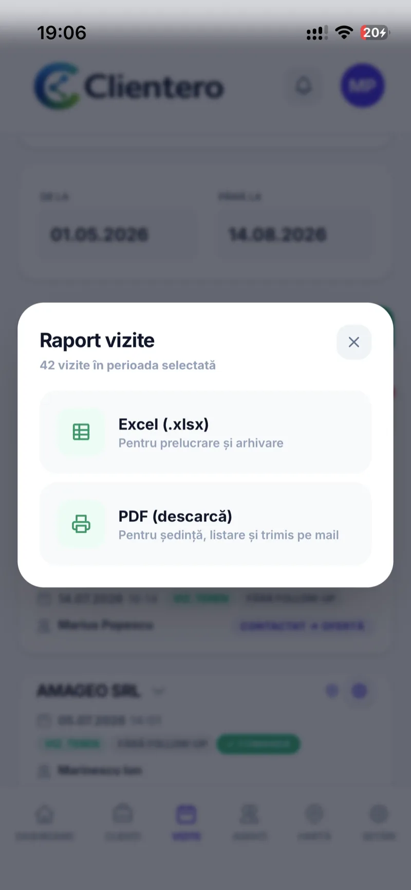 Export raport vizite din Clientero în Excel sau PDF, cu intervalul de raportare selectat