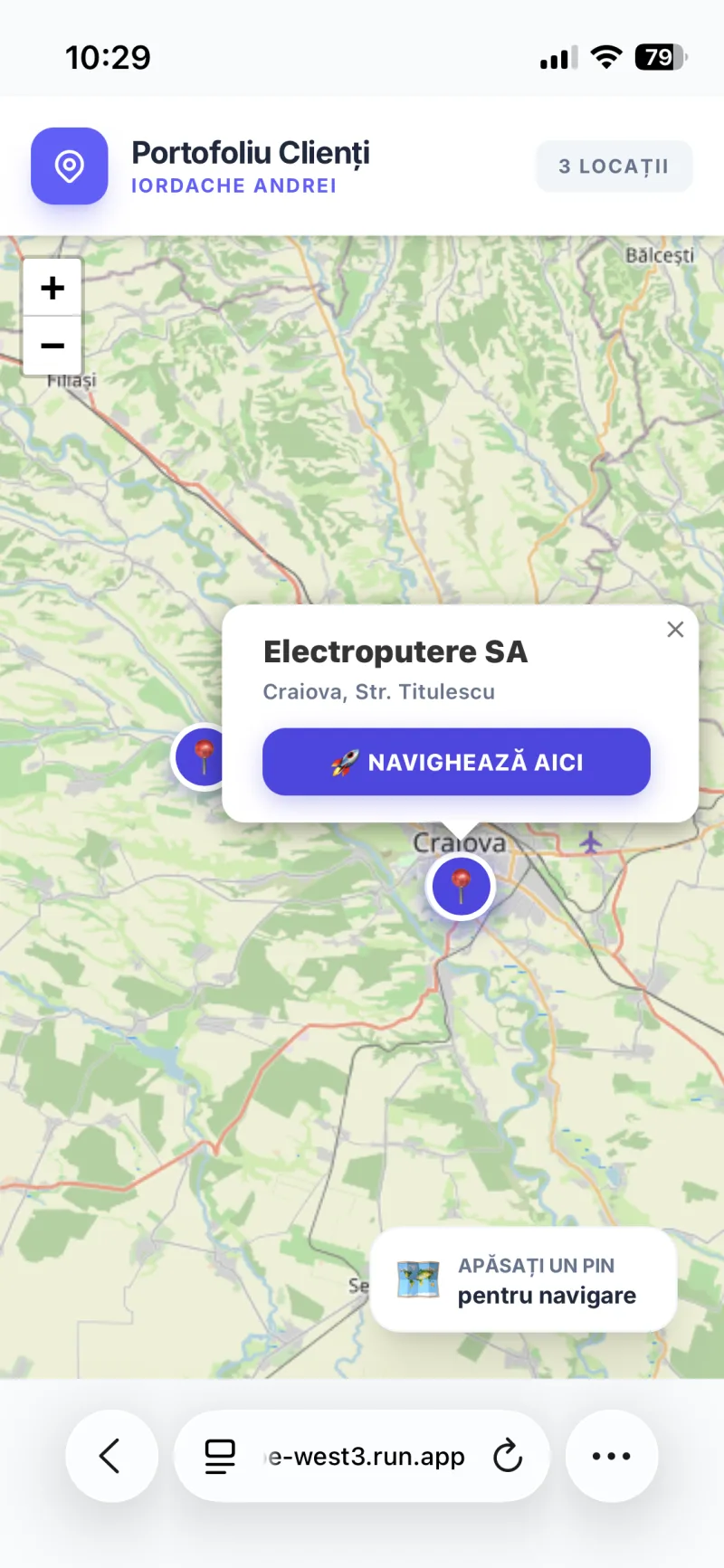 Link public cu portofoliul de clienți al unui agent afișat pe hartă